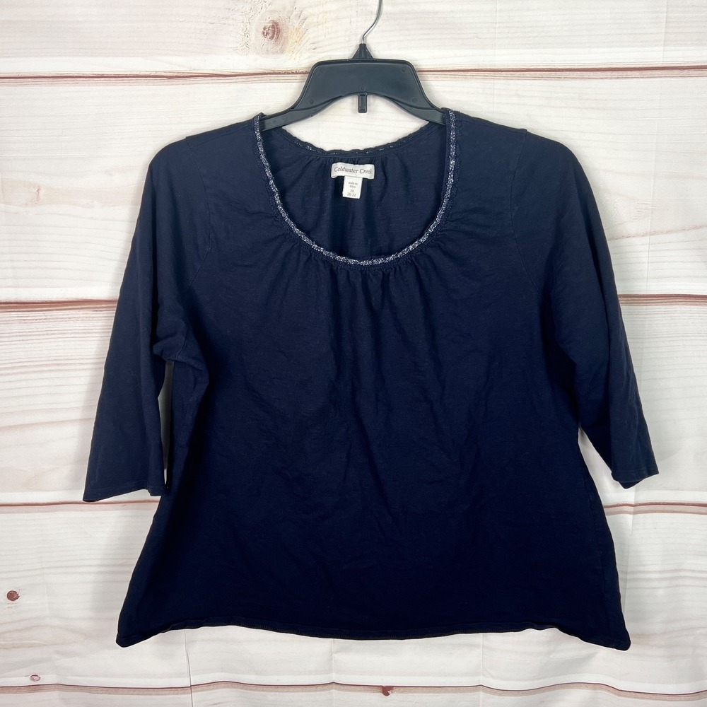 Coldwater Creek Top Womens 2X Blue 3/4 Sleeve T-Shirt Cotton Slub Knit Solid